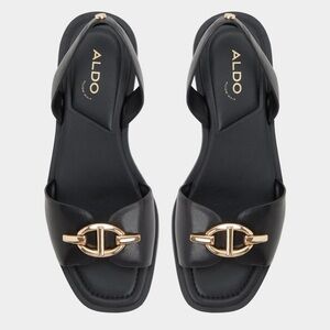 Aldo Black Slide Sandals with Gold-tone Buckle